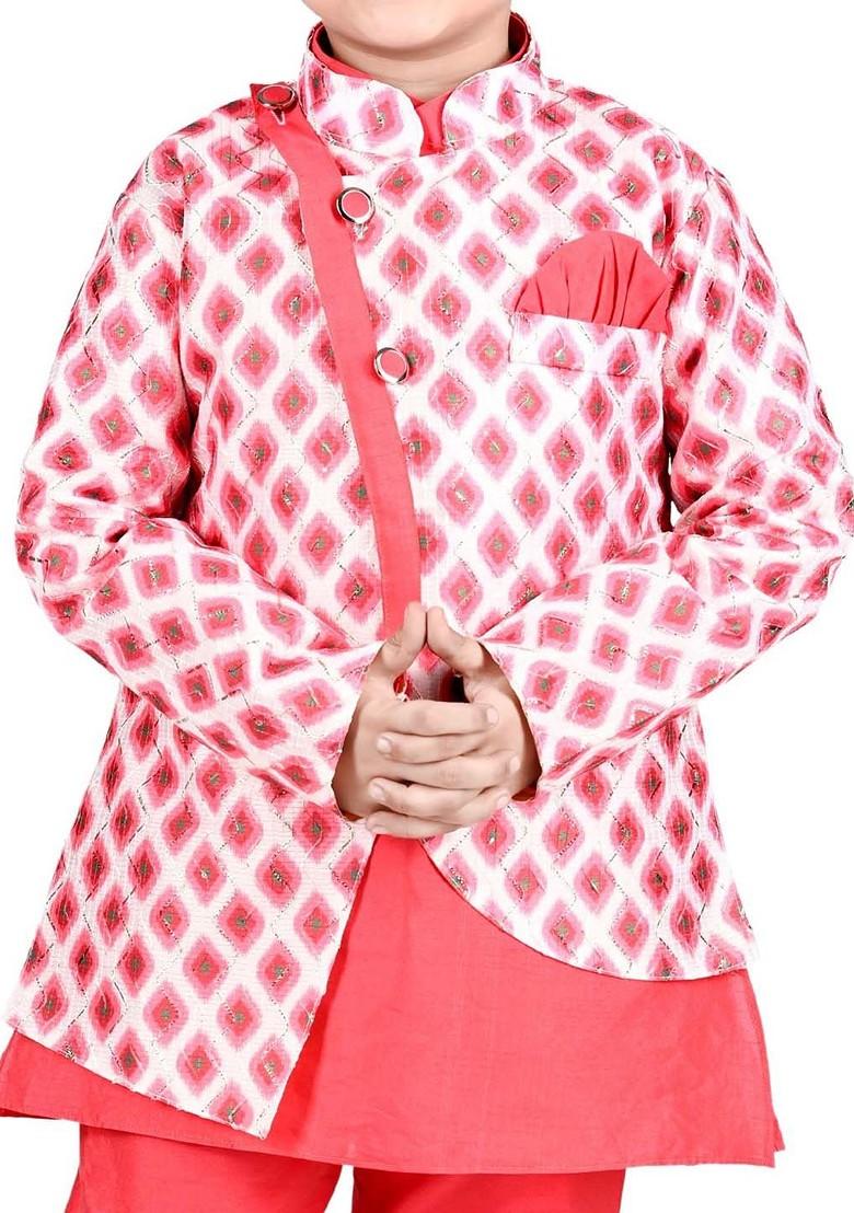 Pink Embroidered Blended Kurta Set For Boys - Indya