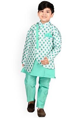 Green Printed Blended Kurta Set For Boys