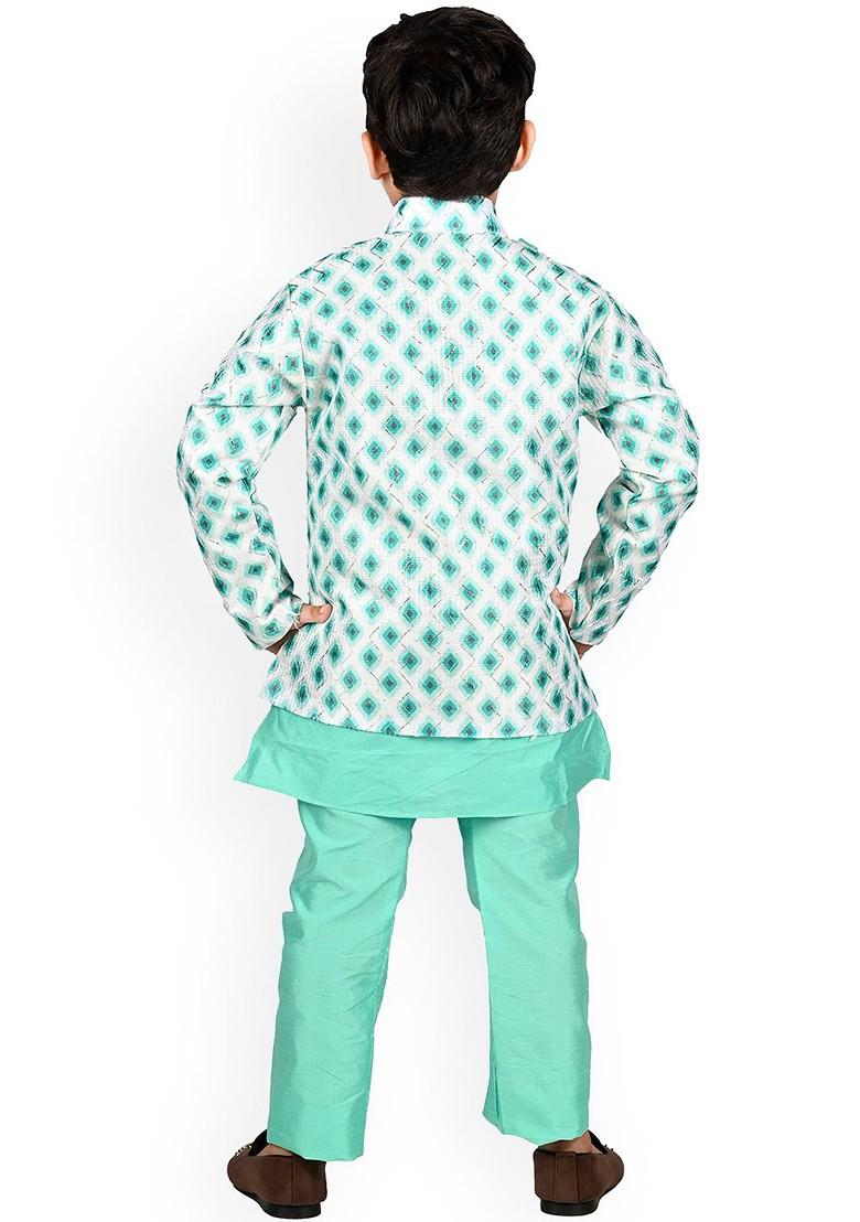 Green Printed Blended Kurta Set For Boys - Indya