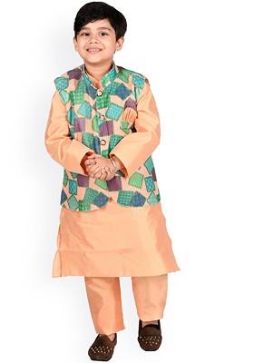 Orange Embroidered Blended Nehru Jacket Set For Boys