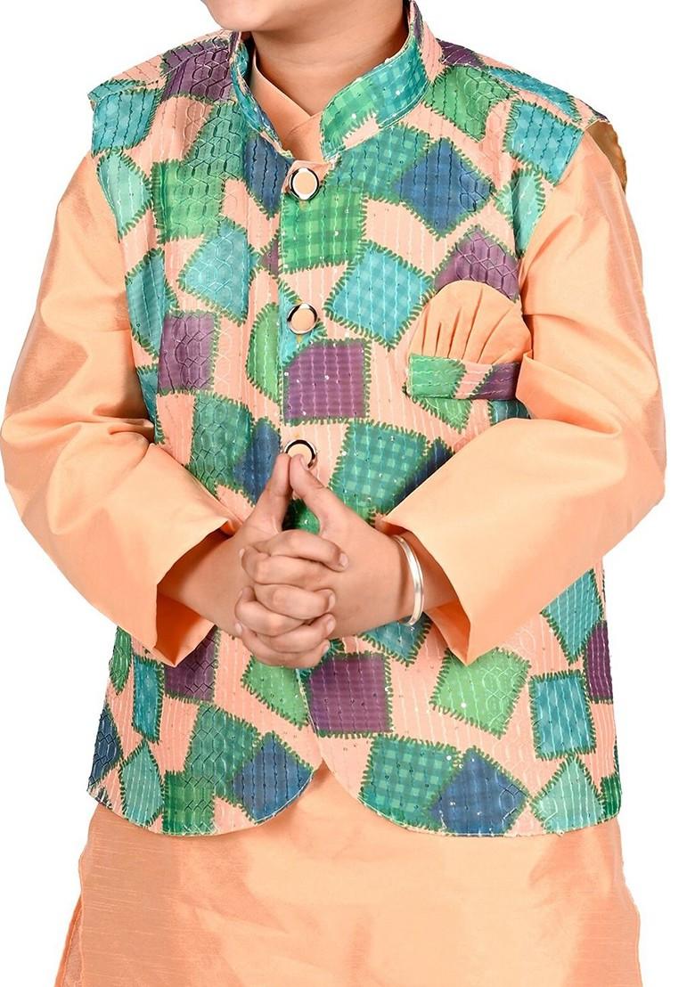 Orange Embroidered Blended Nehru Jacket Set For Boys - Indya