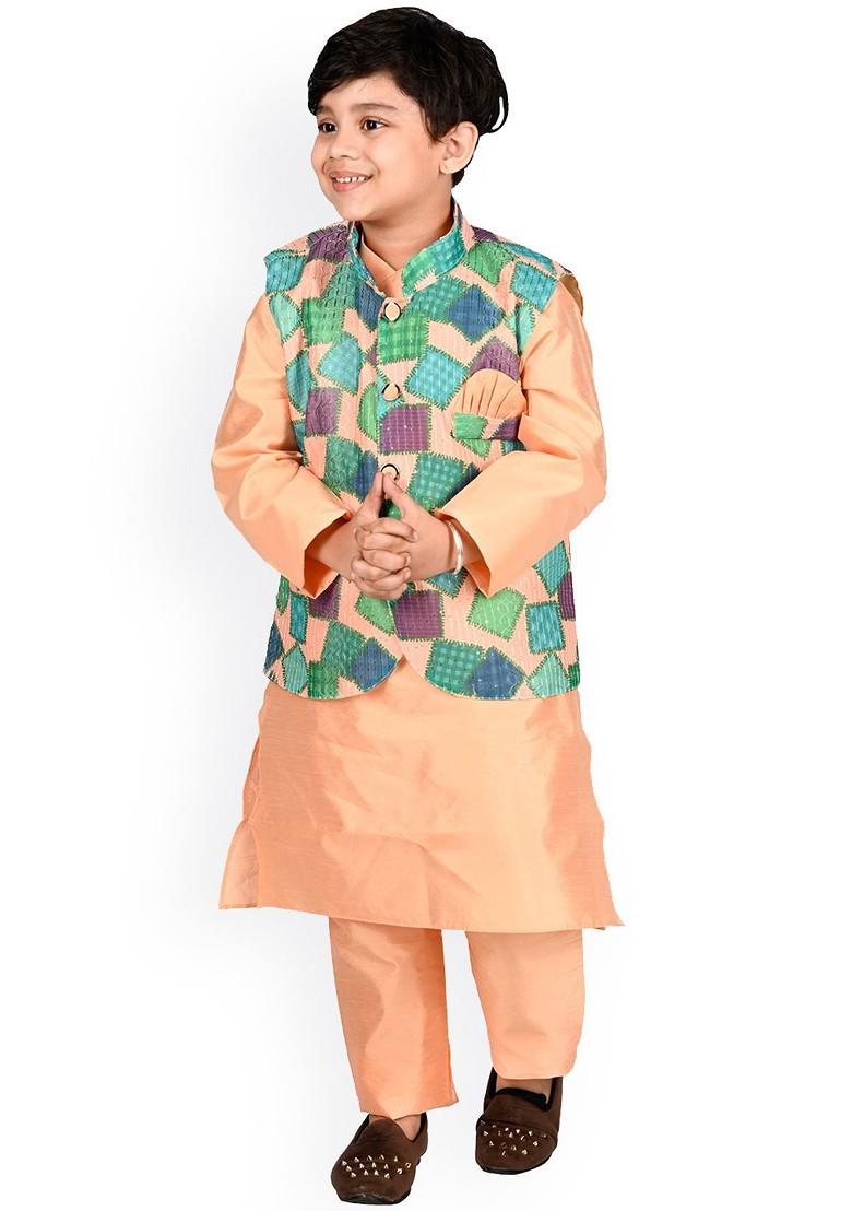 Orange Embroidered Blended Nehru Jacket Set For Boys - Indya