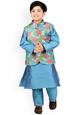 Blue Printed Blended Nehru Jacket Set For Boys