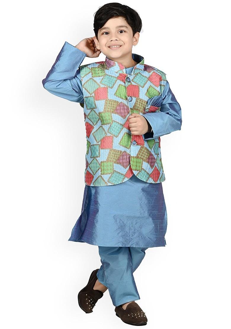 Blue Printed Blended Nehru Jacket Set For Boys - Indya
