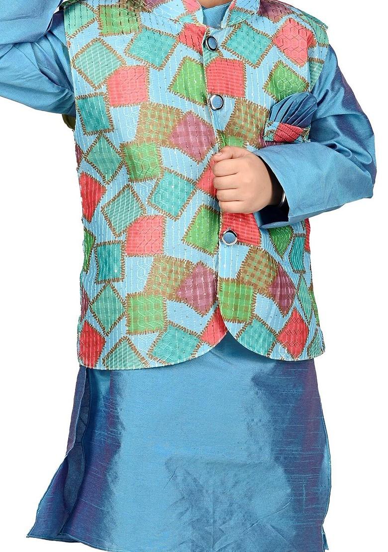Blue Printed Blended Nehru Jacket Set For Boys - Indya