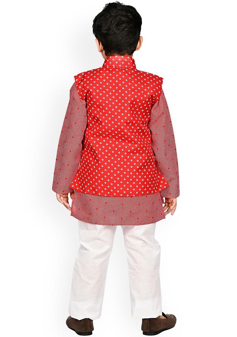 Red Printed Blended Nehru Jacket Set For Boys - Indya