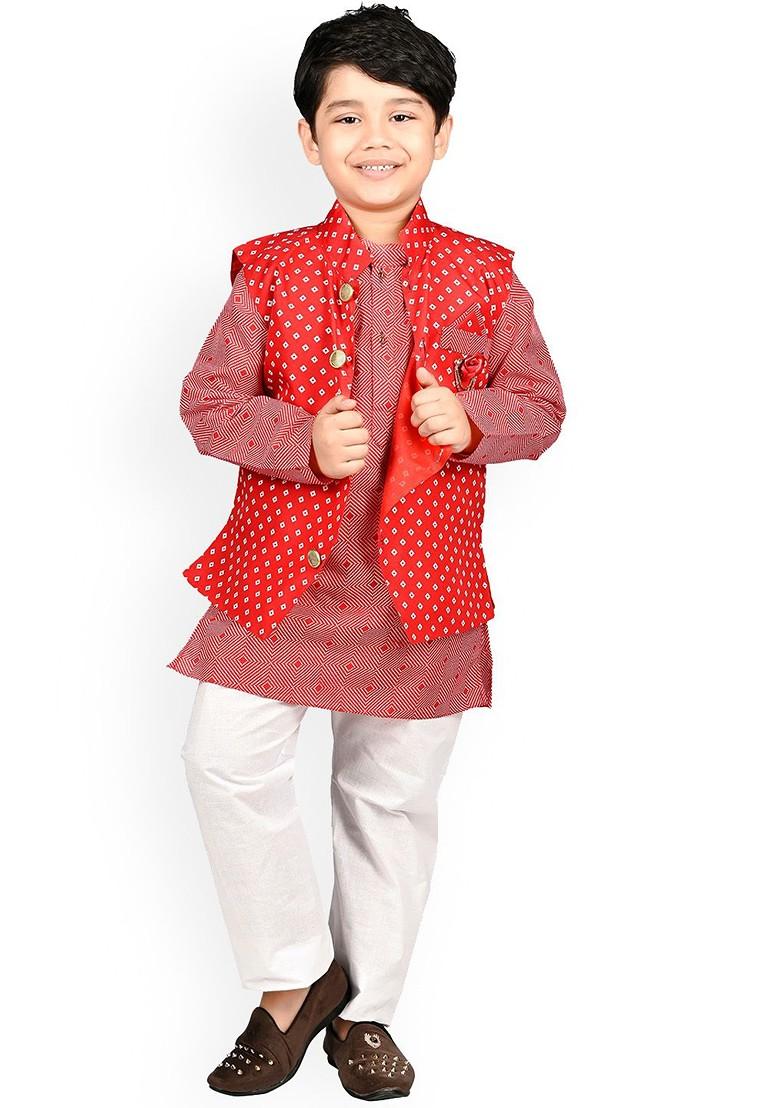 Red Printed Blended Nehru Jacket Set For Boys - Indya