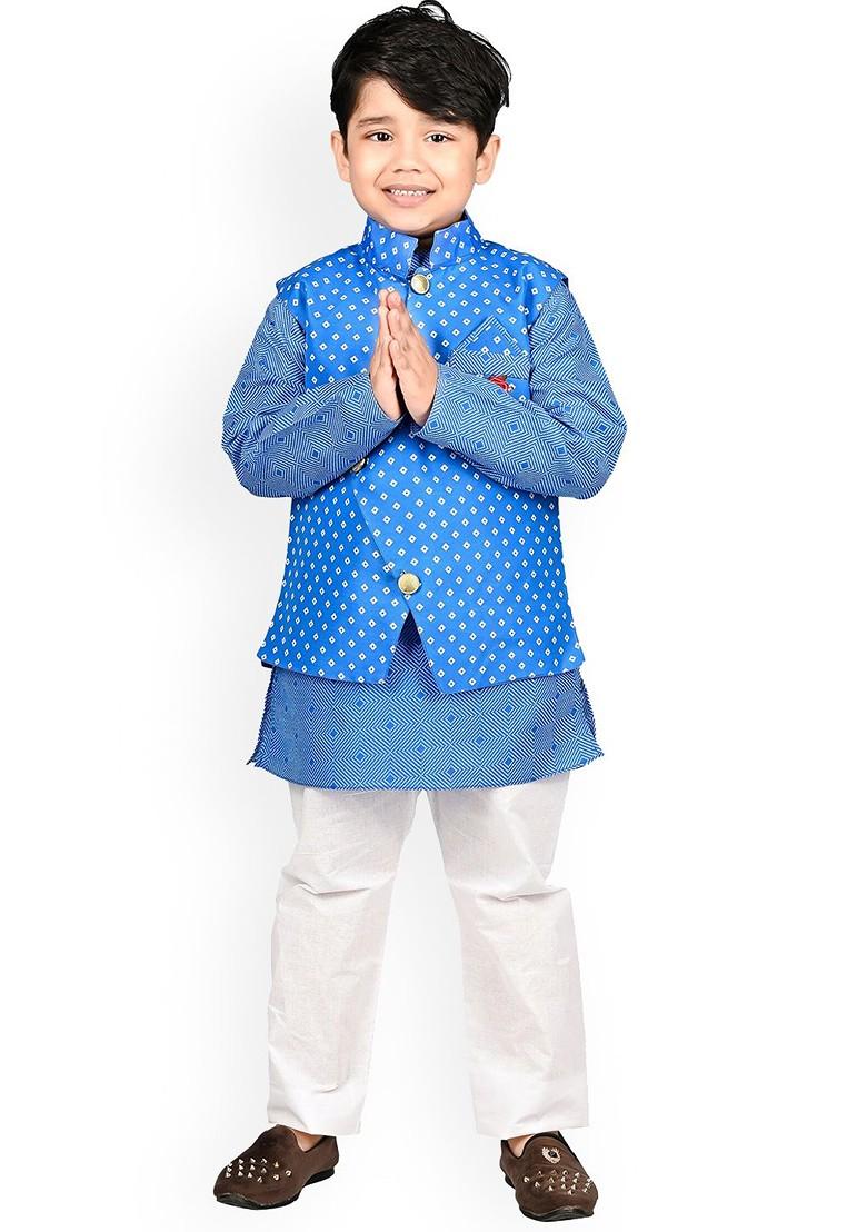 Blue Embroidered Blended Nehru Jacket Set For Boys - Indya