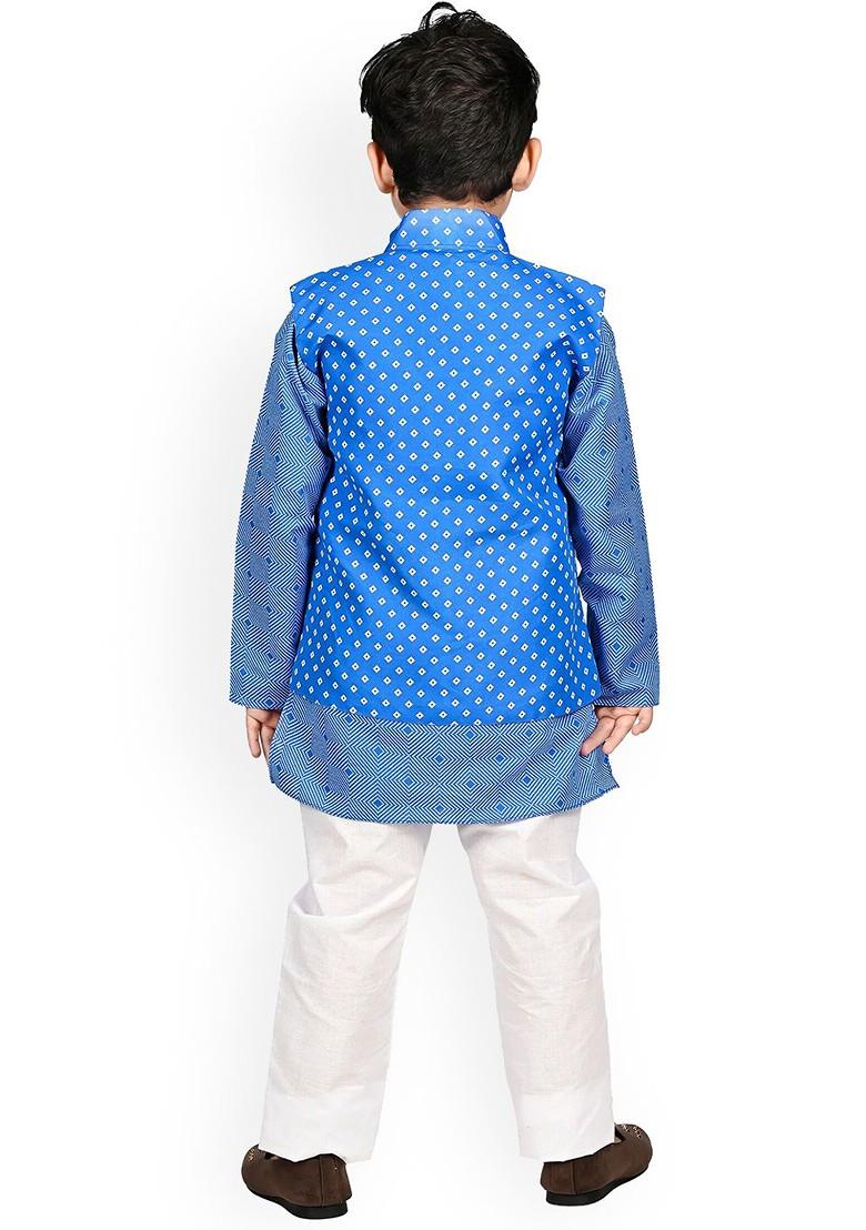 Blue Embroidered Blended Nehru Jacket Set For Boys - Indya
