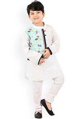 White Printed Cotton Kurta Set For Boys