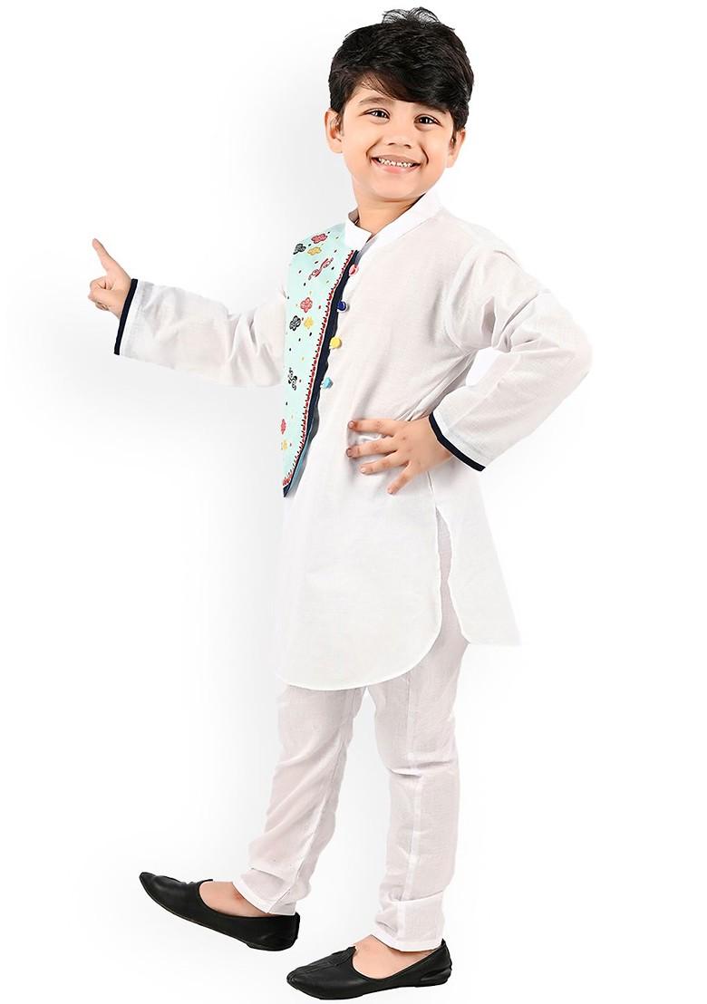 White Printed Cotton Kurta Set For Boys - Indya