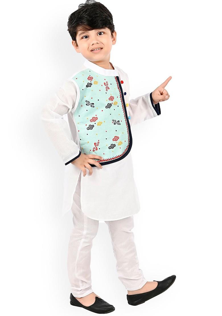 White Printed Cotton Kurta Set For Boys - Indya