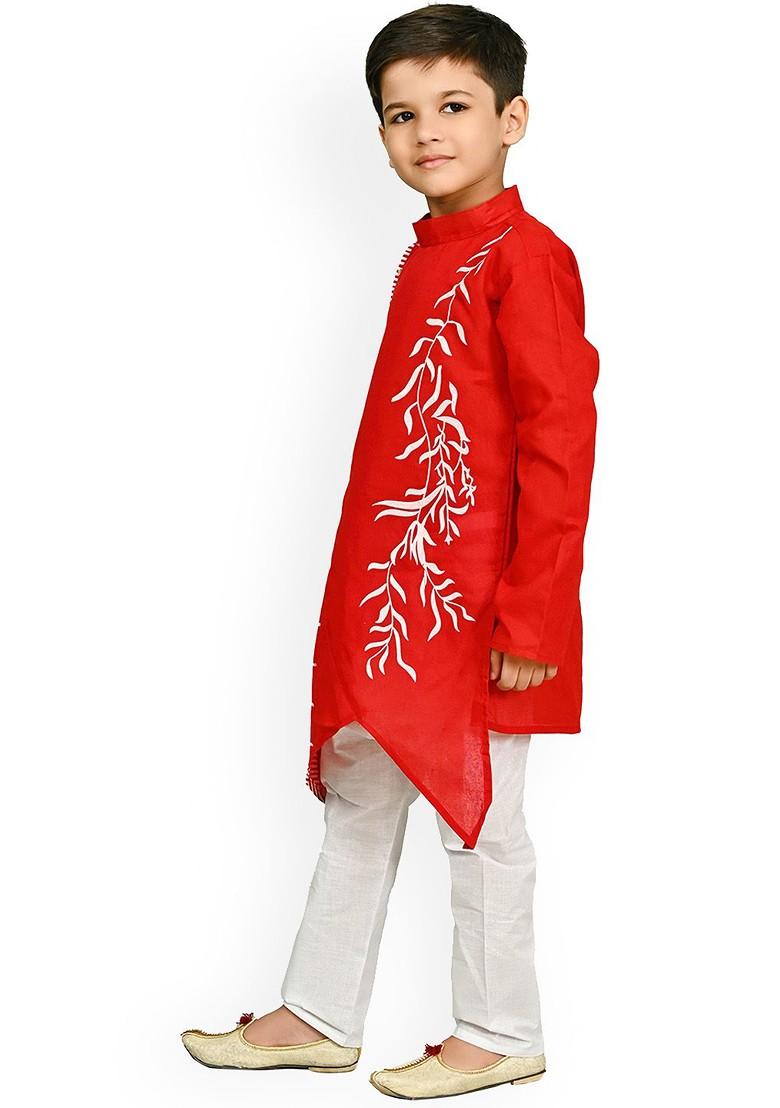 Red Printed Blended Kurta Set For Boys - Indya