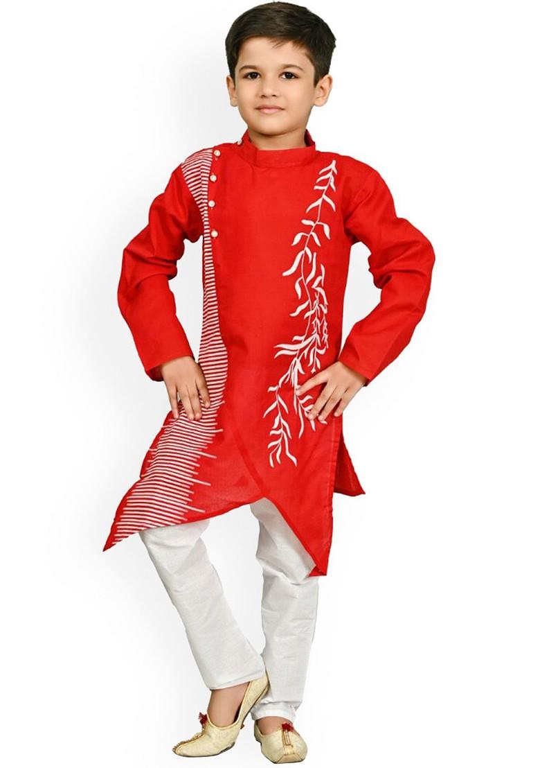 Red Printed Blended Kurta Set For Boys - Indya