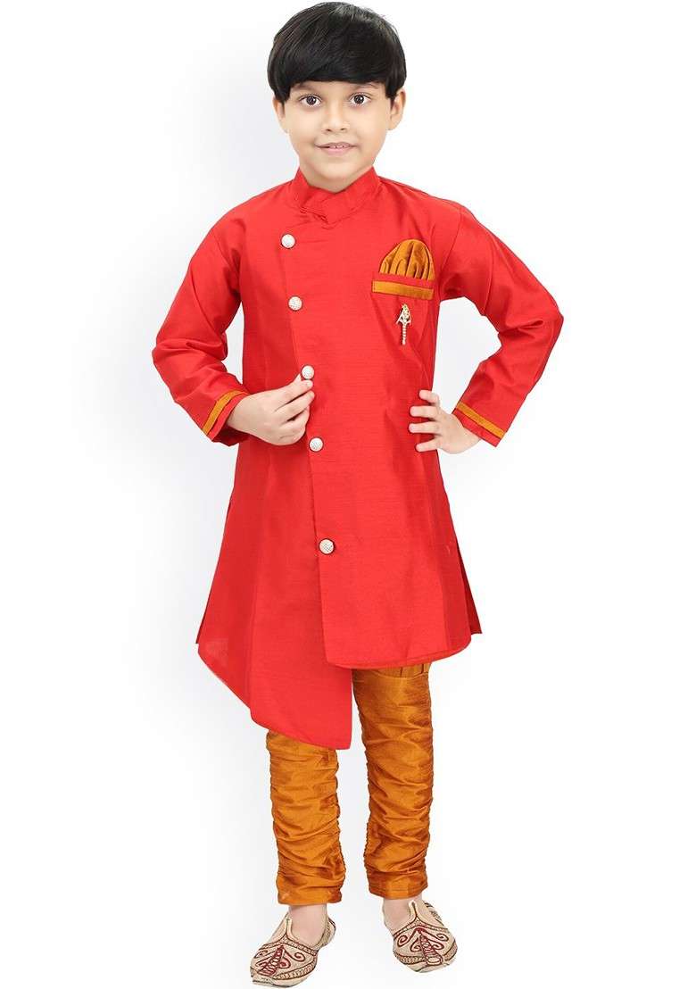 Red Embroidered Blended Kurta Set For Boys - Indya