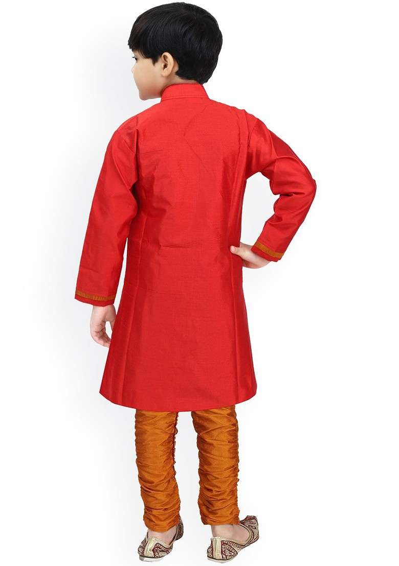 Red Embroidered Blended Kurta Set For Boys - Indya