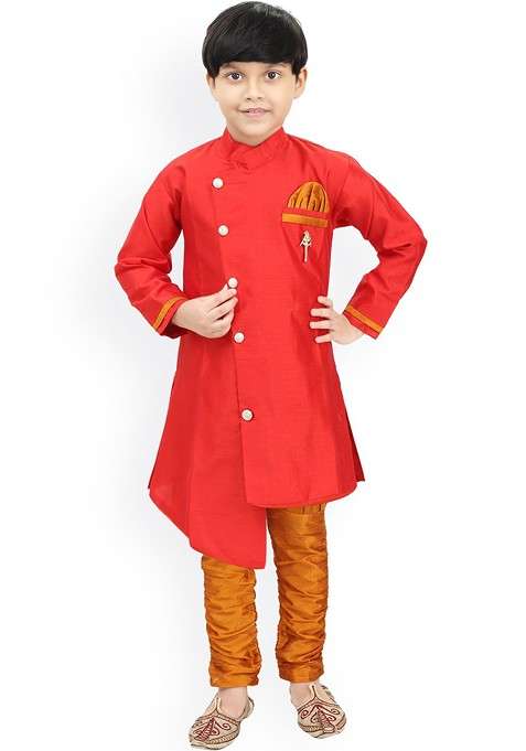 Red Embroidered Blended Kurta Set For Boys
