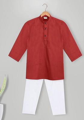 Red Embroidered Cotton Kurta Set For Boys