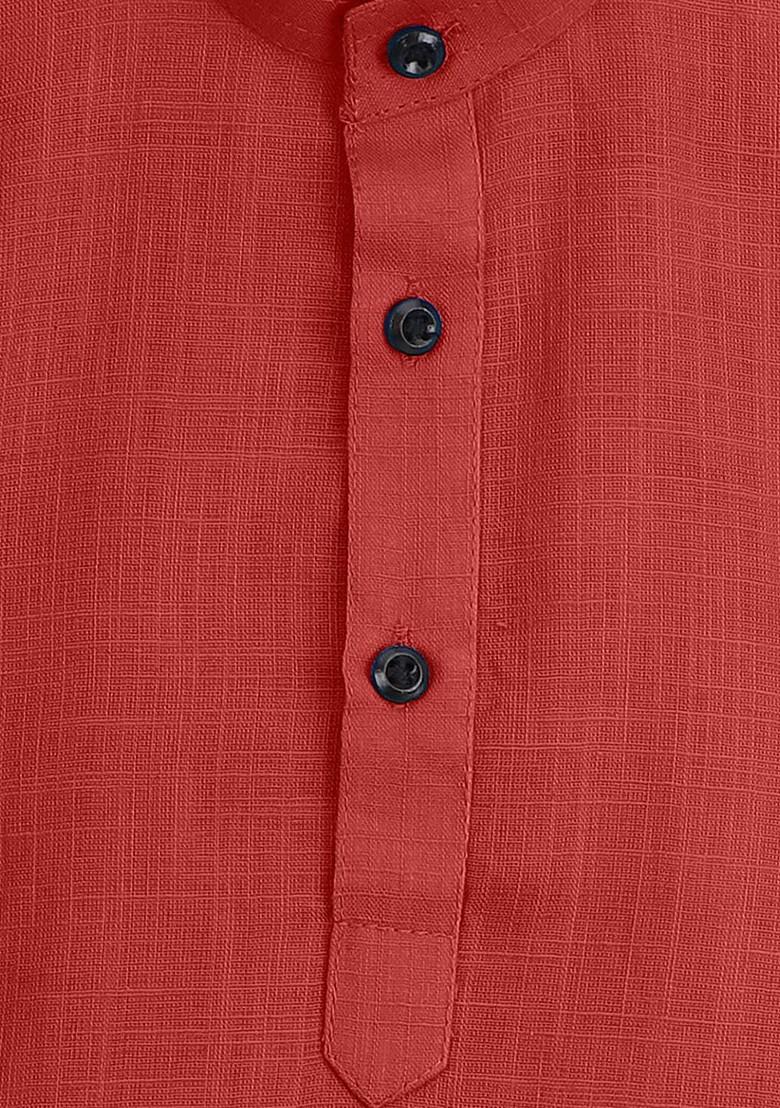 Red Embroidered Cotton Kurta Set For Boys - Indya