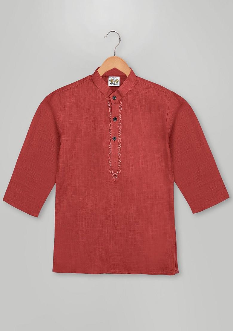Red Embroidered Cotton Kurta Set For Boys - Indya