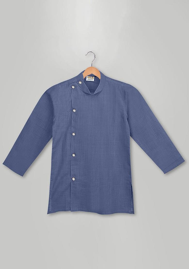 Navy Blue Embroidered Cotton Kurta Set For Boys - Indya