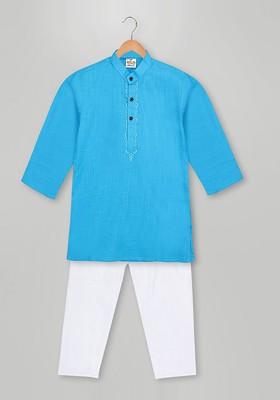 Blue Embroidered Cotton Kurta Set For Boys