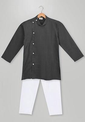 Black Embroidered Cotton Kurta Set For Boys
