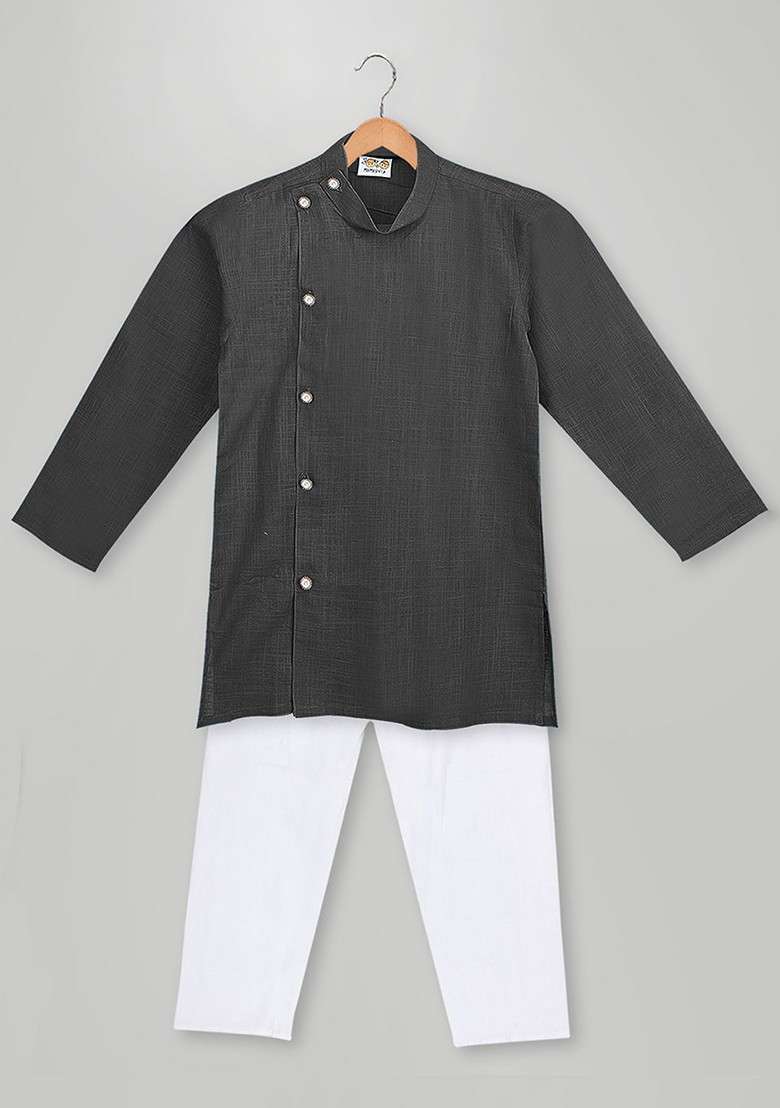 Black Embroidered Cotton Kurta Set For Boys - Indya