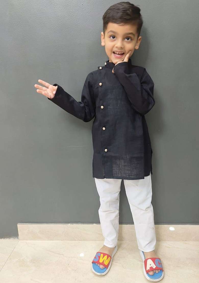 Black Embroidered Cotton Kurta Set For Boys - Indya