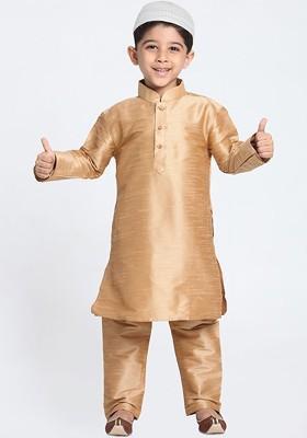Rose Gold Embroidered Blended Kurta Set For Boys