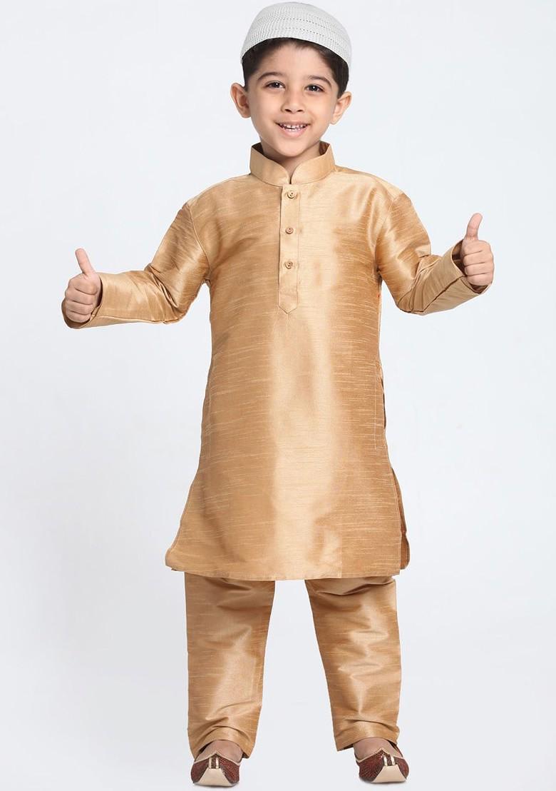 Rose Gold Embroidered Blended Kurta Set For Boys - Indya