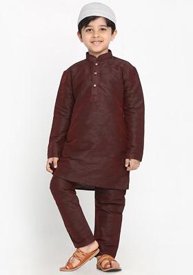 Burgundy Embroidered Blended Kurta Set For Boys