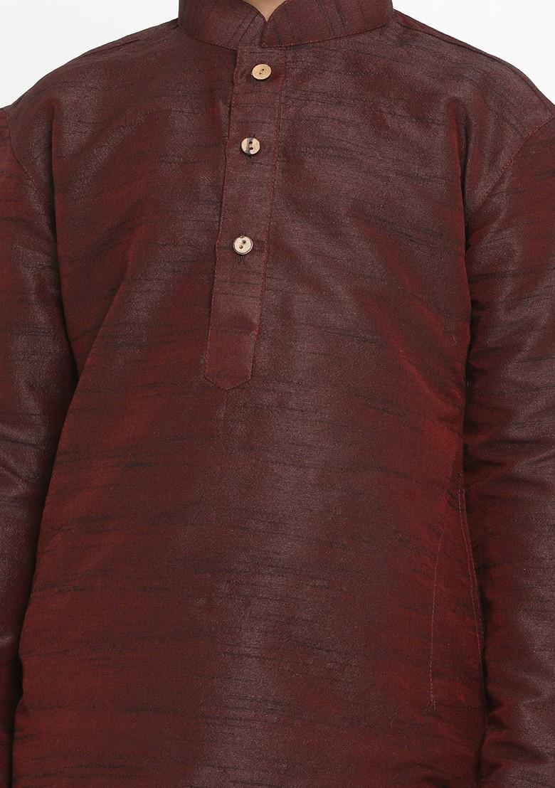 Burgundy Embroidered Blended Kurta Set For Boys - Indya