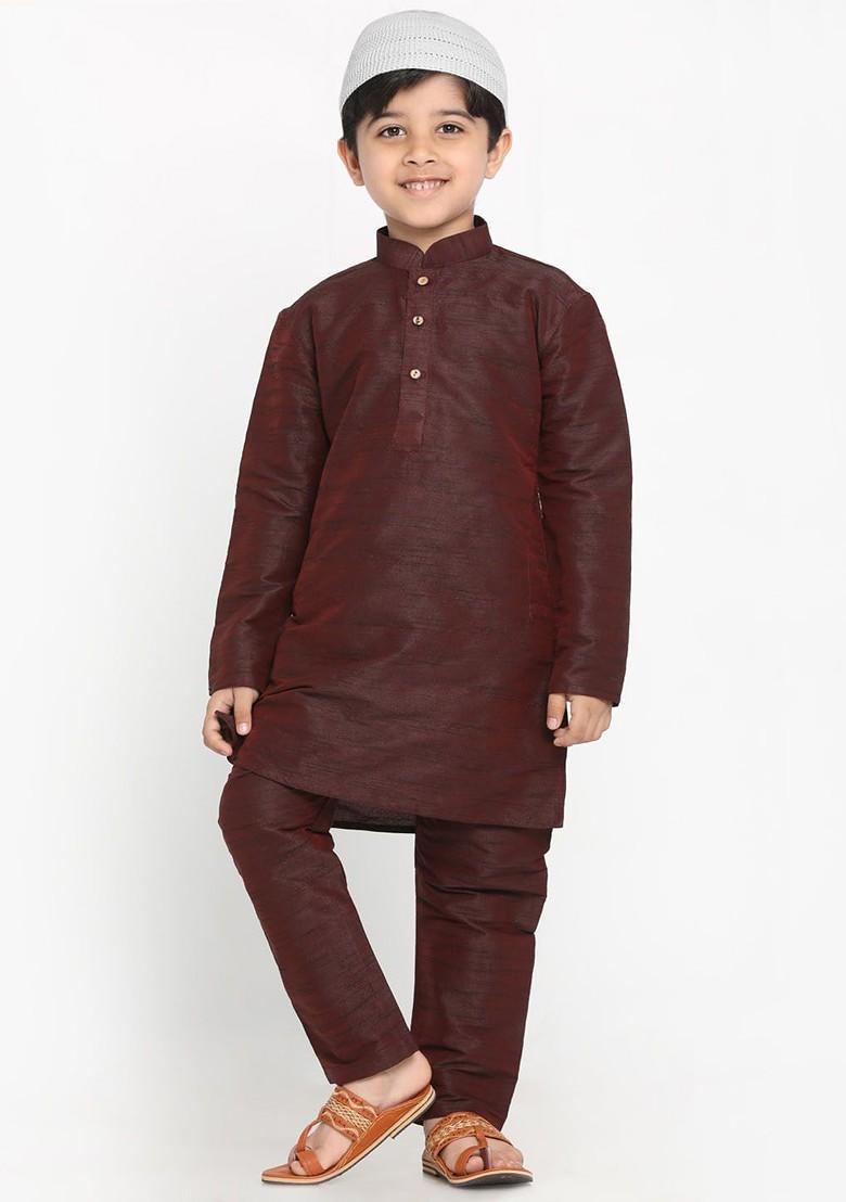 Burgundy Embroidered Blended Kurta Set For Boys - Indya