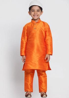 Orange Embroidered Blended Kurta Set For Boys