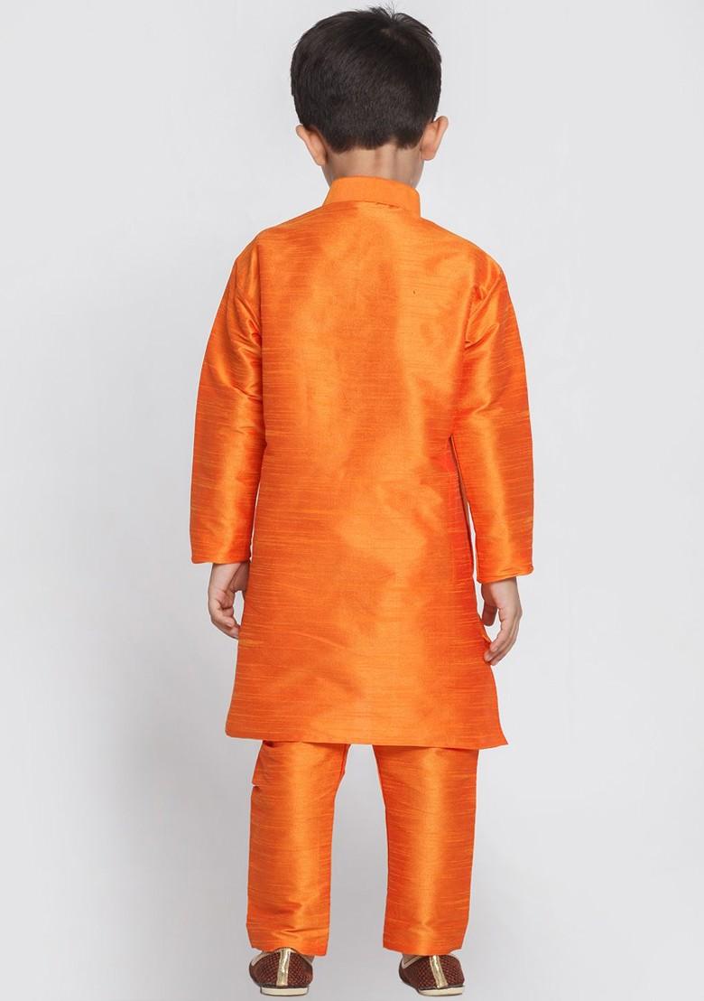 Orange Embroidered Blended Kurta Set For Boys - Indya