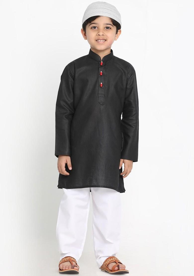 Black Embroidered Blended Kurta Set For Boys - Indya