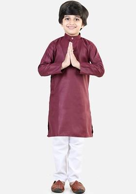 Purple Embroidered Blended Kurta Set For Boys