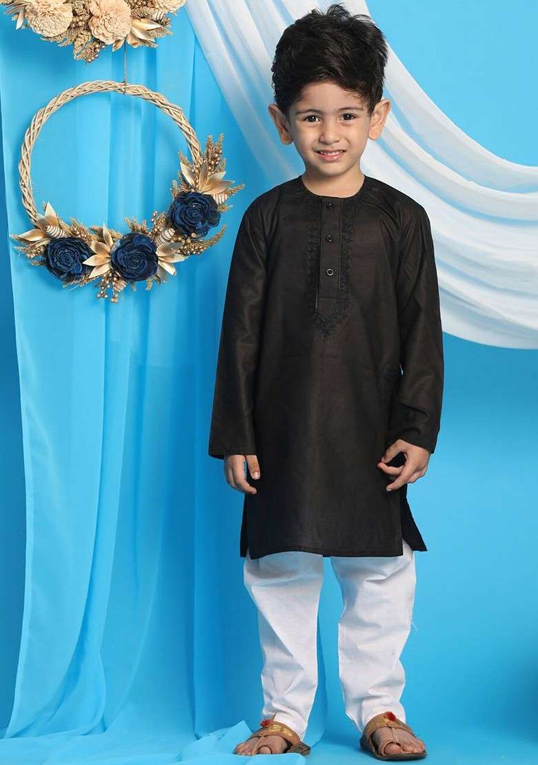 Black Thread Work Blended Kurta Set For Boys - Indya