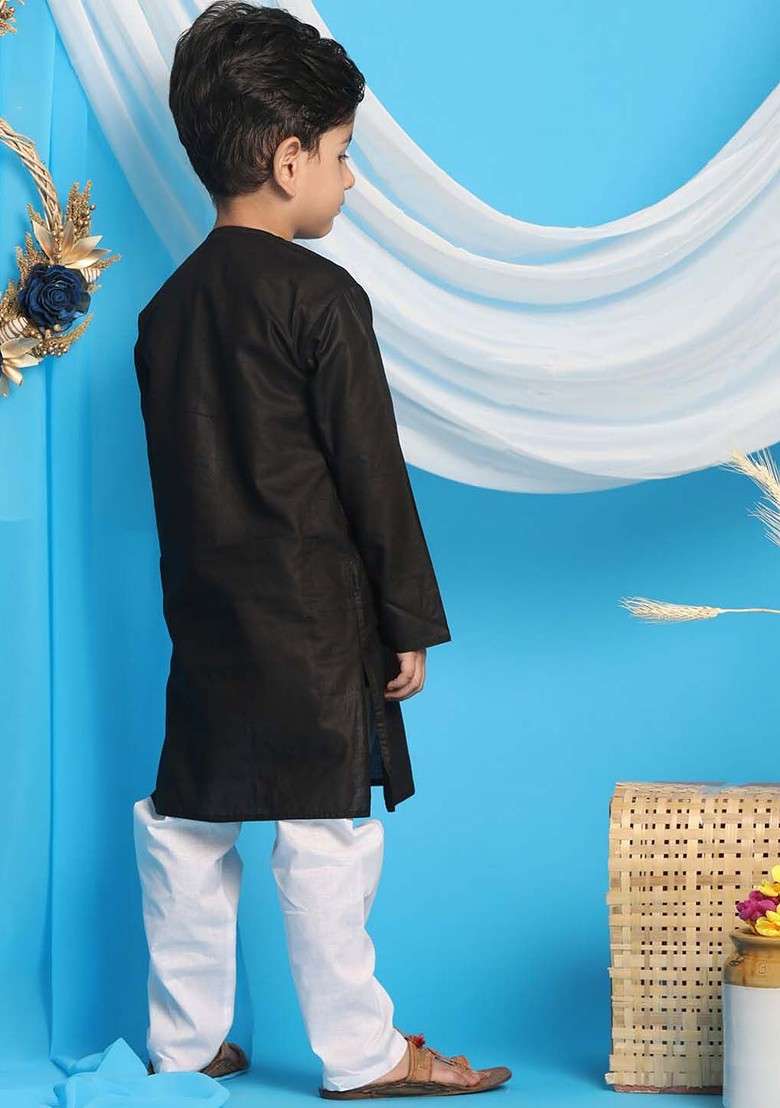 Black Thread Work Blended Kurta Set For Boys - Indya
