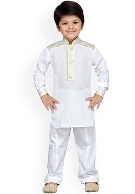 White Embroidered Cotton Kurta Set For Boys