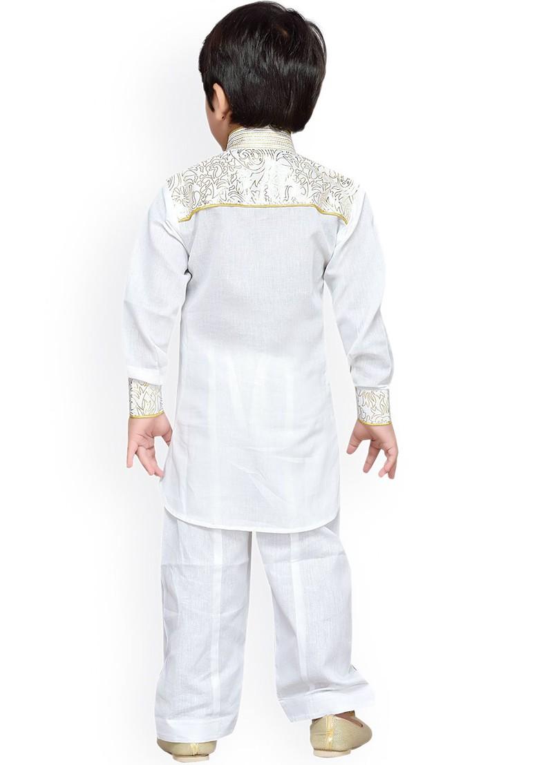 White Embroidered Cotton Kurta Set For Boys - Indya