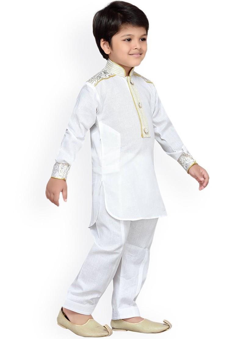 White Embroidered Cotton Kurta Set For Boys - Indya
