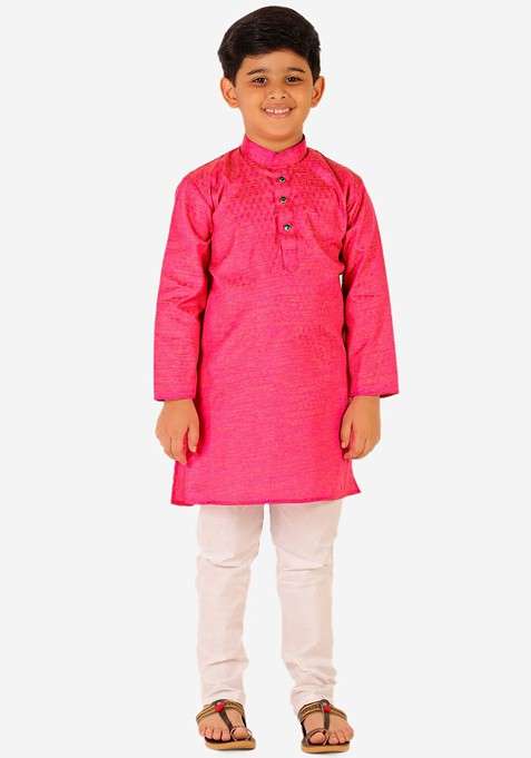 Pink Woven Design Blended Kurta Set For Boys