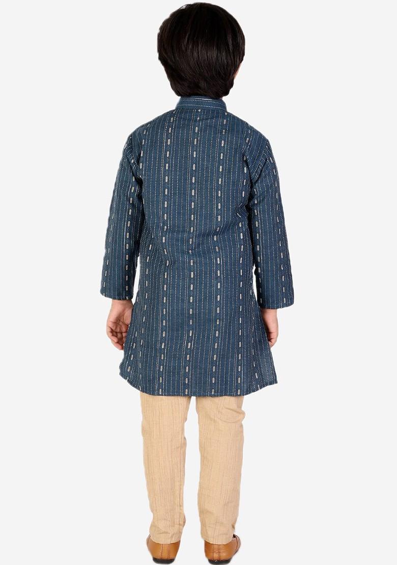 Teal Striped Blended Kurta Set For Boys - Indya