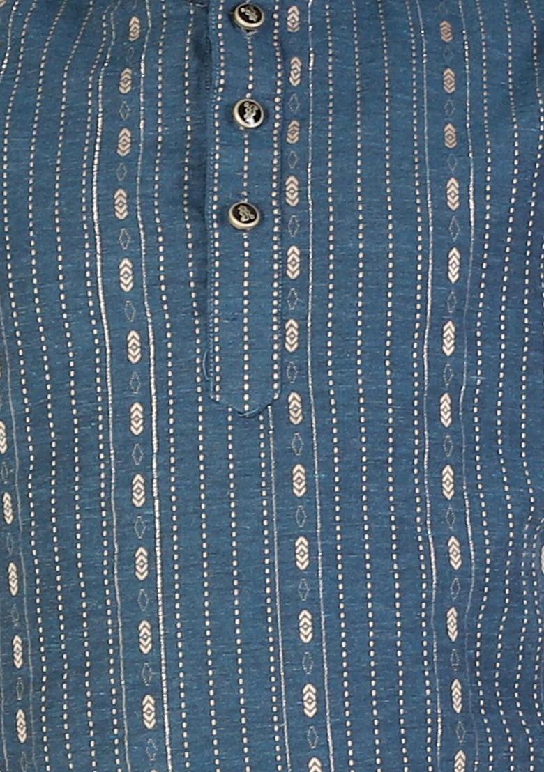 Teal Striped Blended Kurta Set For Boys - Indya