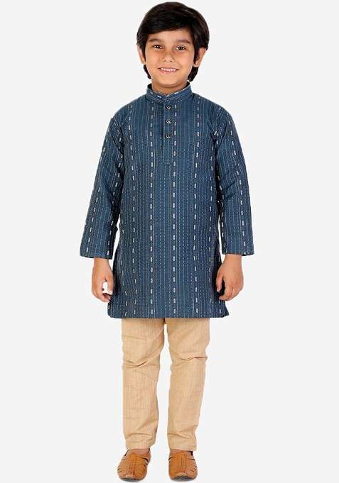 Teal Striped Blended Kurta Set For Boys