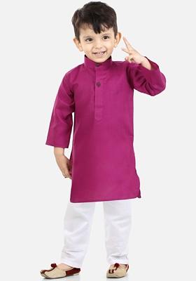 Purple Embroidered Cotton Kurta Set For Boys