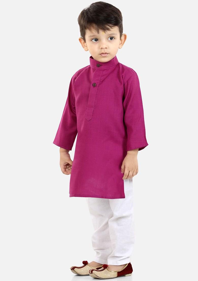 Purple Embroidered Cotton Kurta Set For Boys - Indya