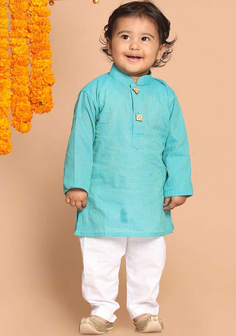 Blue Embroidered Cotton Kurta Set For Boys - Indya